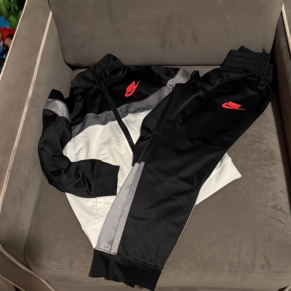 Nike Black, Gray, White Track Jacket & Pants with Red Swoosh
